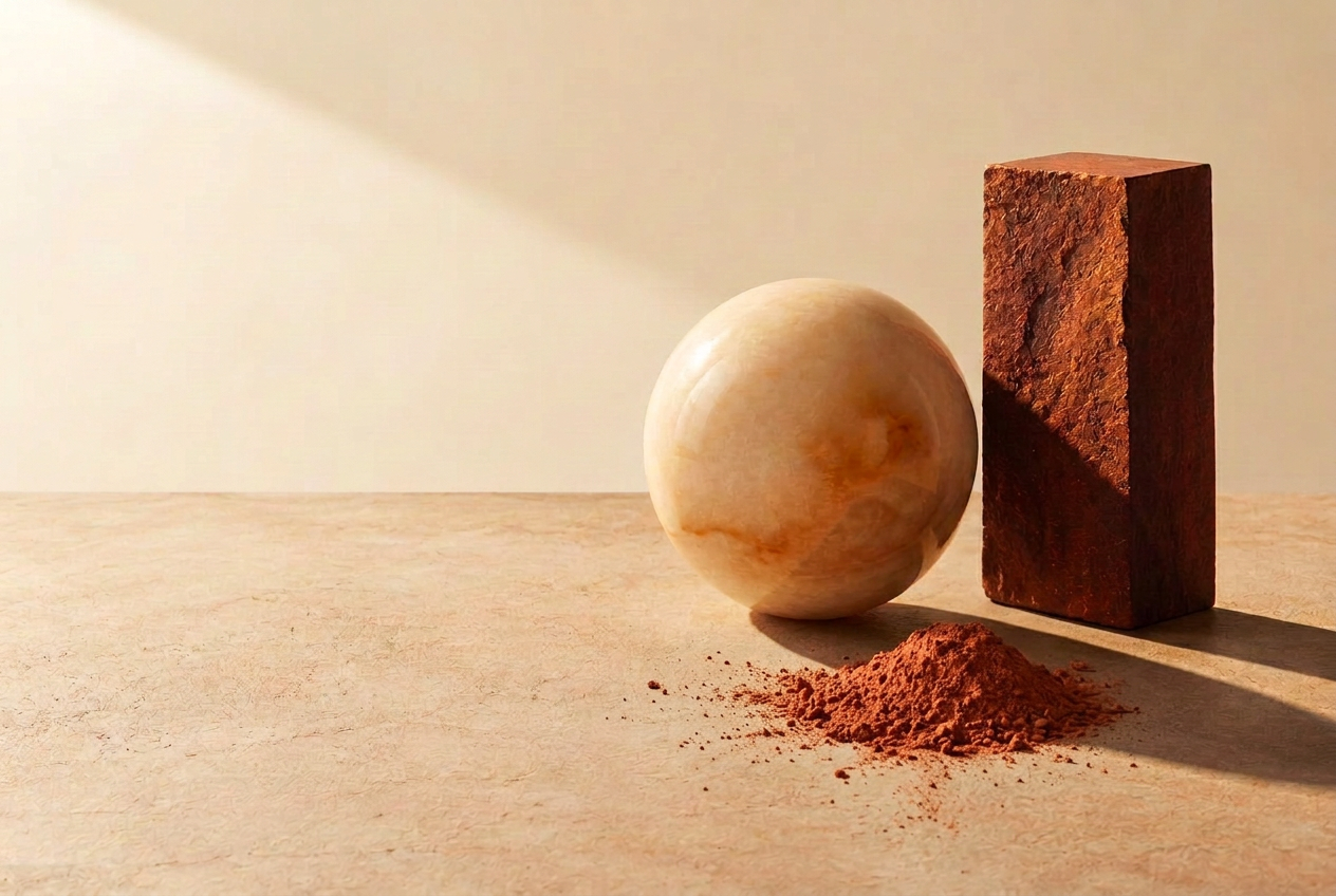 A terracotta stone block, a marble sphere and a small pile of ochre powder in warm sunlight
